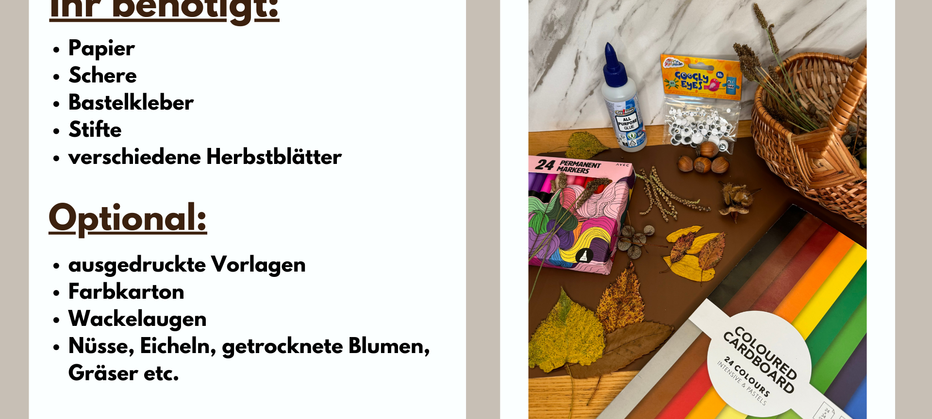 Bastelutensilien für Blätter-Tiere